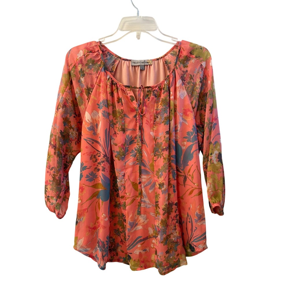 Figueroa & Flower Coral Pink Floral Peasant Blouse Boho Tie Neck Large